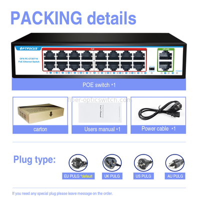 Factory OEM 16 port  POE switch with 2 gigabit RJ45 and 16 100mbps POE port For CCTV NVR IP Camera